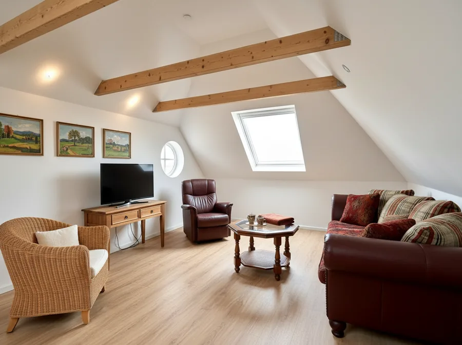Wohnbereich eines Apartments unter dem Dach mit Sofa, Sesseln und Fernseher