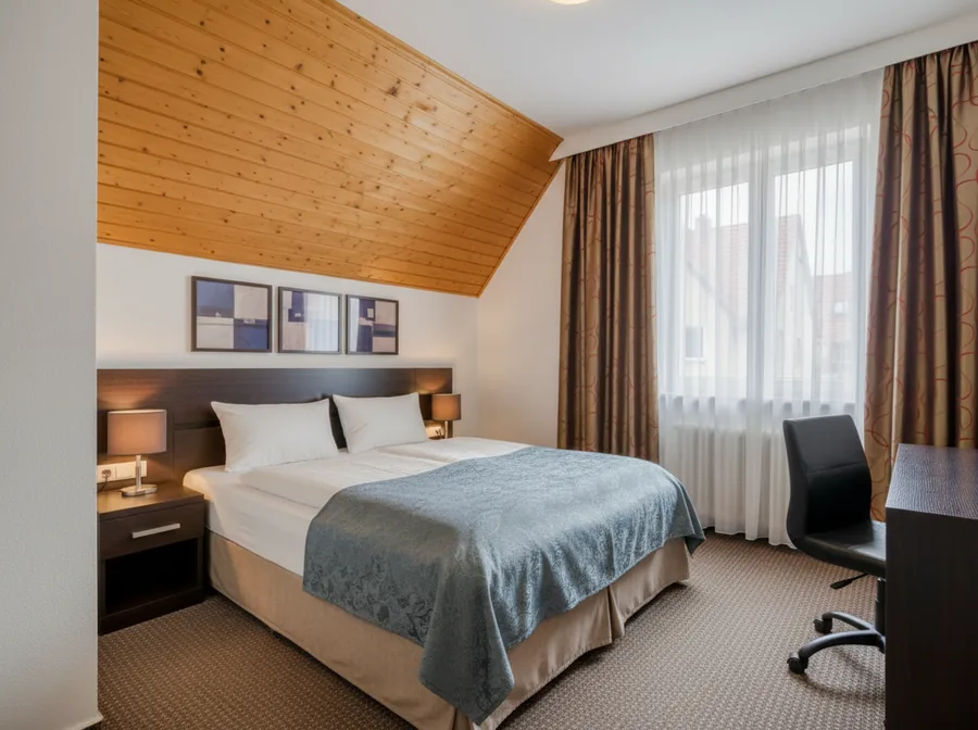 Zimmer mit Doppelbett unter einer Dachschräge mit Holzdecke