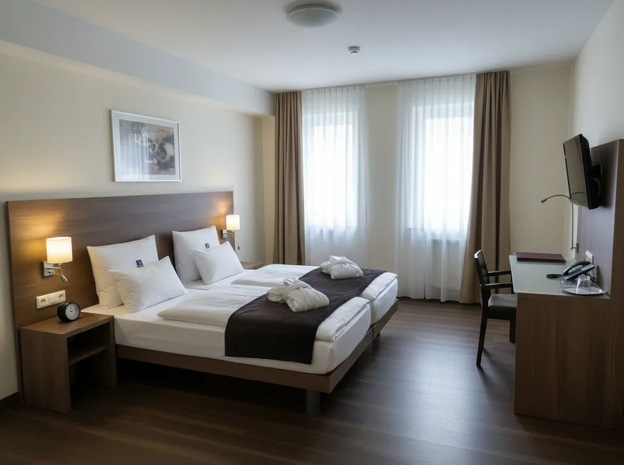 Doppelzimmer einer Pension mit Betten, Schreibtisch und Fernseher