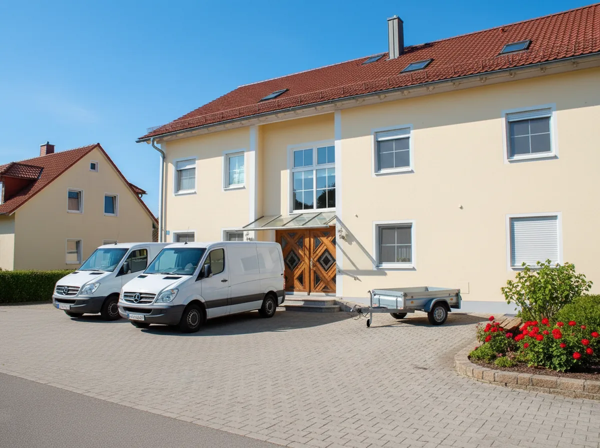 Zwei Transporter und ein Anhänger auf dem Hof eines Gästehauses