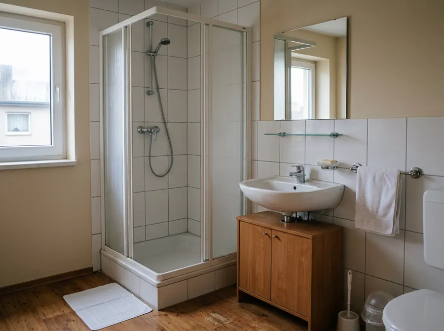 Badezimmer mit Dusche und Waschbecken