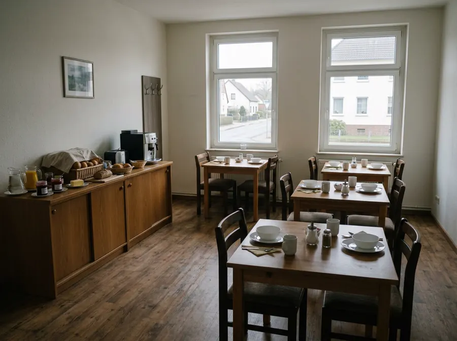 Frühstücksraum eines Gästehauses mit gedeckten Tischen